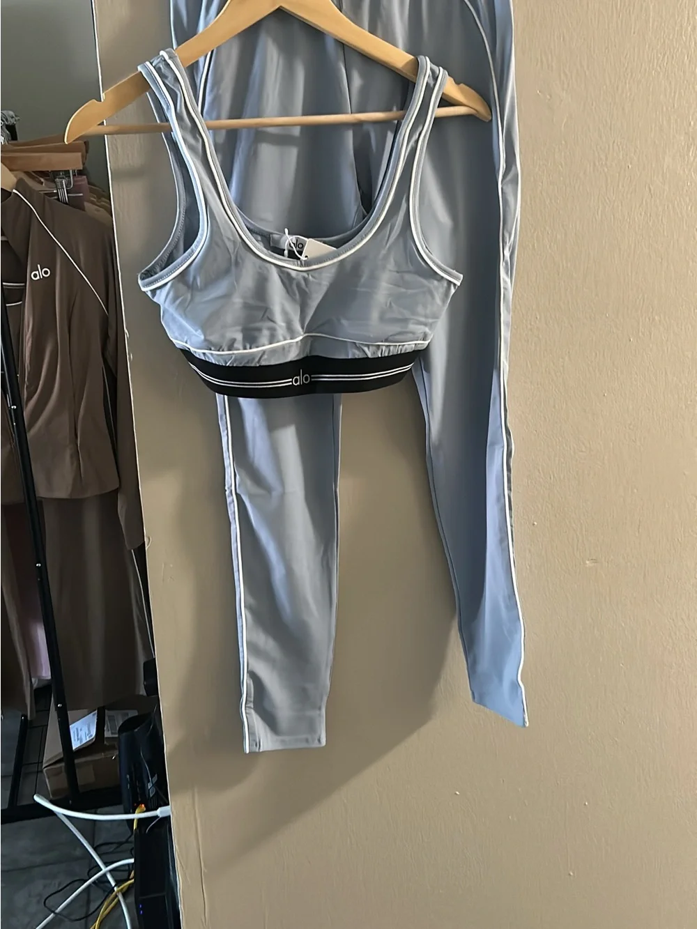ALO Yoga Light Blue Scoop Neck Sports Bra with Black Elastic Band